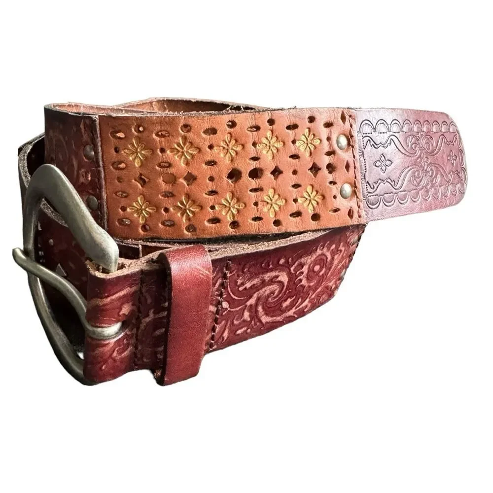 Fossil Patchwork Tooled Leather Belt Boho Hippie Brown